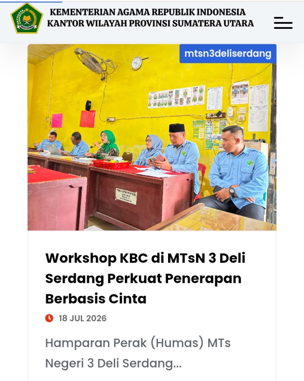 Workshop KBC di MTsN 3 Deli Serdang Perkuat Penerapan Berbasis Cinta