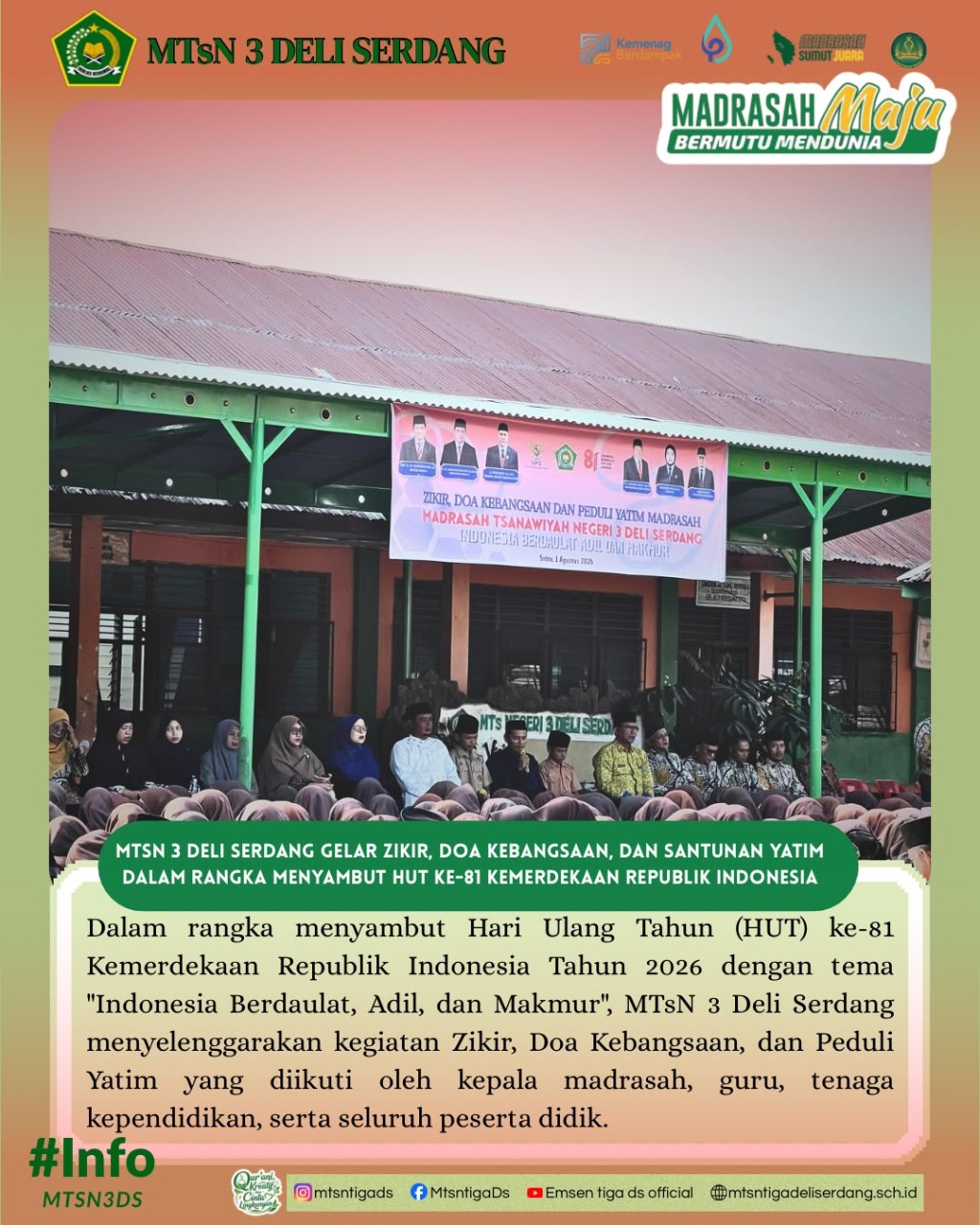 MTsN 3 Deli Serdang Gelar Zikir dan Peduli Yatim Madrasah Sambut Hari Kemerdekaan Indonesia